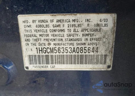 2003 Honda Accord 2.4 Lx from USA, damaged, VIN 1HGCM56353A085644